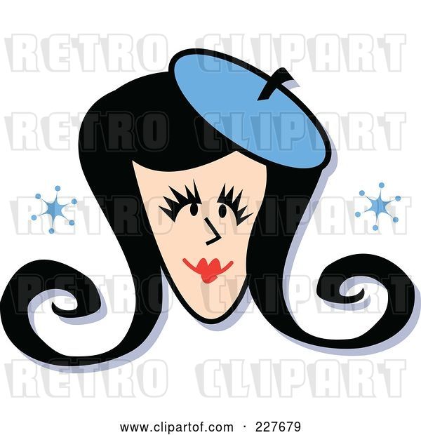 Vector Clip Art of Retro Lady's Face with a Blue Hat and Snowflakes
