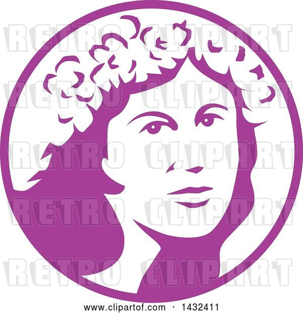 Vector Clip Art of Retro Lady's Face with a Flower Crown in a White and Purple Circle