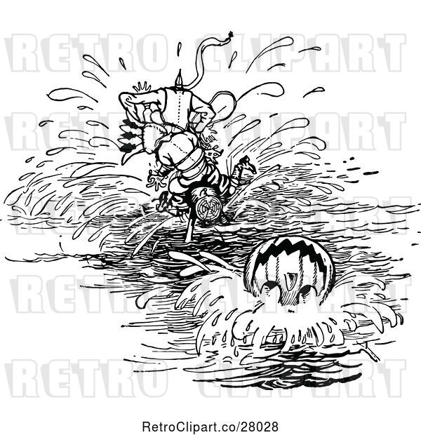 Vector Clip Art of Retro Land of Oz Characters on a Wooden Horse Crashing into Water