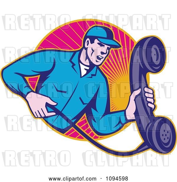 Vector Clip Art of Retro Landline Repair Guy Holding a Phone over Rays
