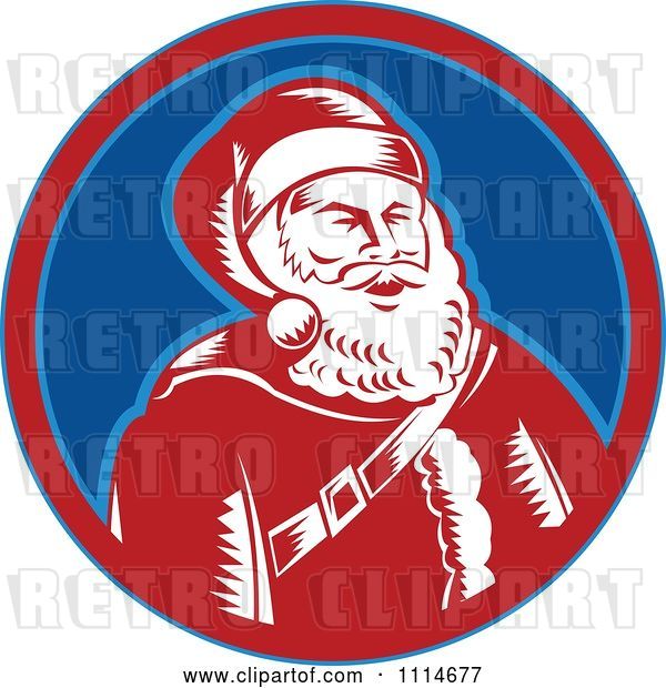 Vector Clip Art of Retro Laughing Santa in a Blue and Red Circle