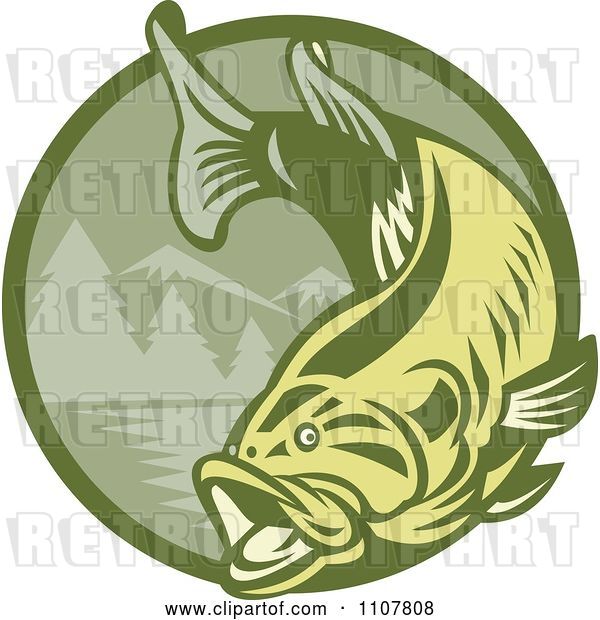 Vector Clip Art of Retro Leaping Largemouth Bass Fish over a Green Mountainous Circle
