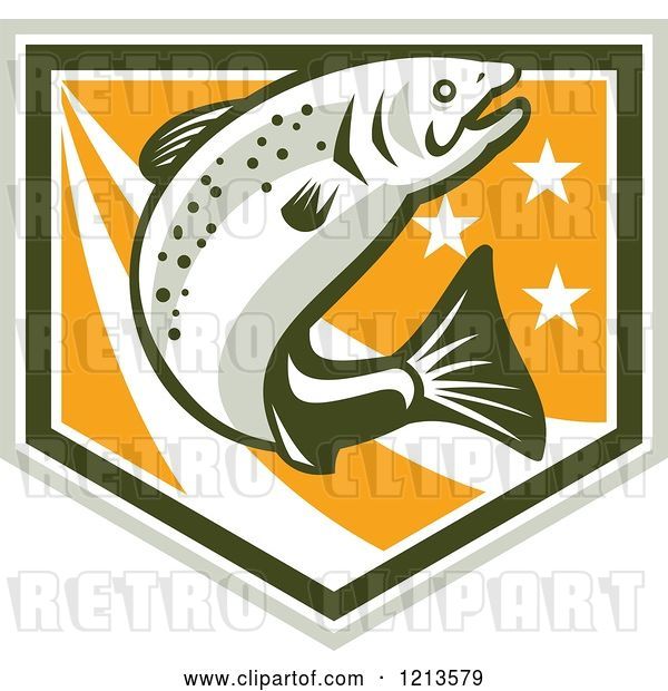Vector Clip Art of Retro Leaping Trout Fish over a Shield with Stars and Stripes on Orange