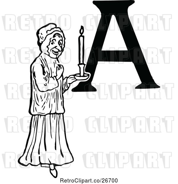 Vector Clip Art of Retro Letter a and Lady with a Candle