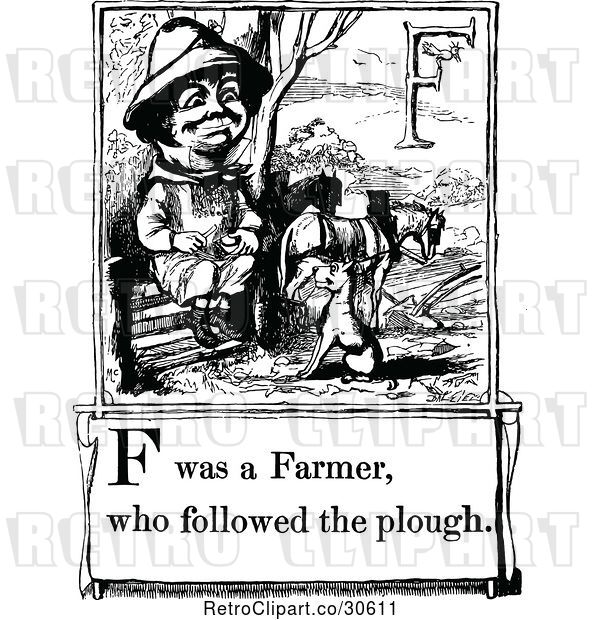 Vector Clip Art of Retro Letter Page with F Was a Farmer Who Followed the Plough Text
