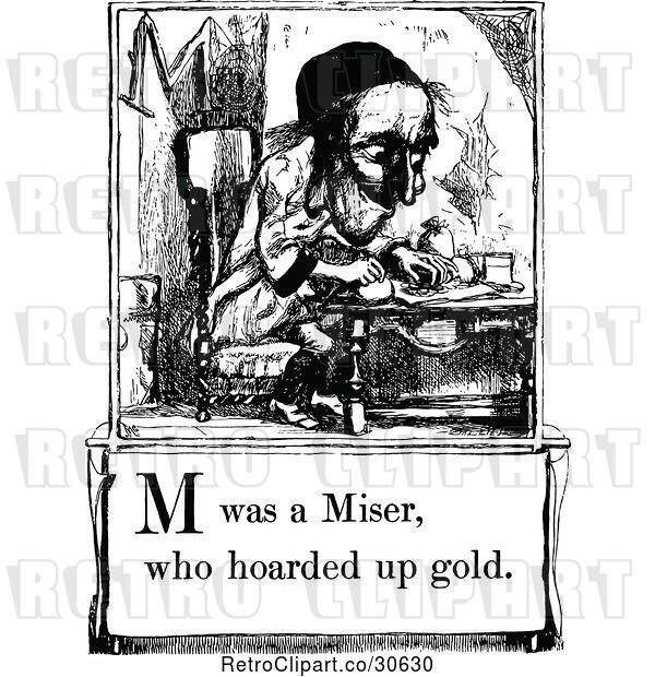 Vector Clip Art of Retro Letter Page with M Was a Miser Who Hoarded up Gold Text