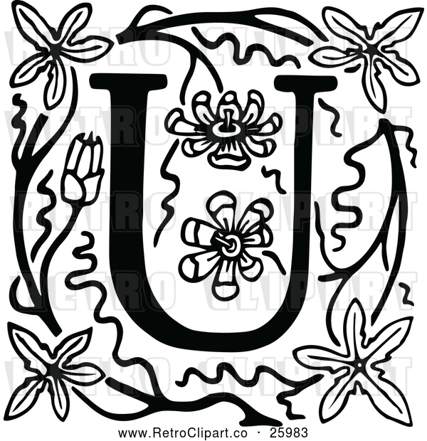 Vector Clip Art of Retro Letter U and Flowers