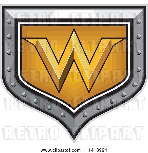 Vector Clip Art of Retro Letter W in a Gold and Silver Shield