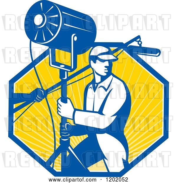 Vector Clip Art of Retro Lighting Worker with a Fresnel Sound Boom in a Ray Octagon