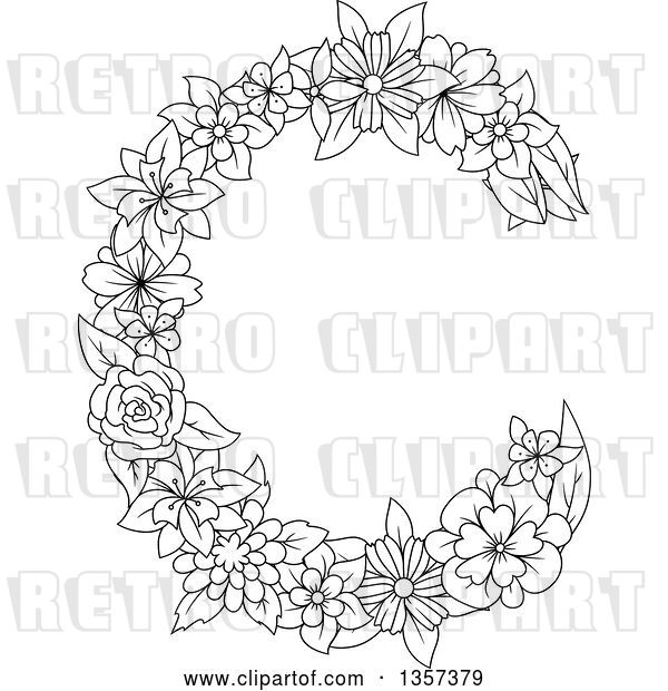 Vector Clip Art of Retro Lineart Floral Letter C Design