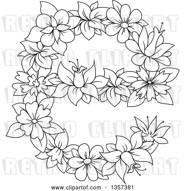 Vector Clip Art of Retro Lineart Floral Lowercase Letter E Design