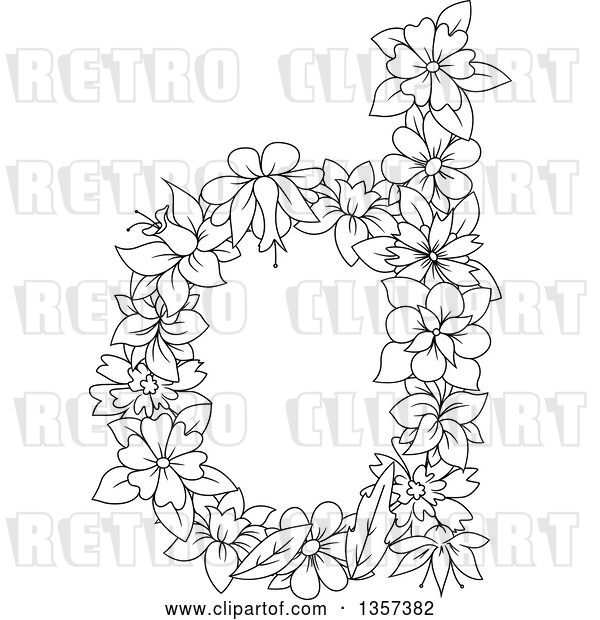 Vector Clip Art of Retro Lineart Lowercase Floral Letter D Design
