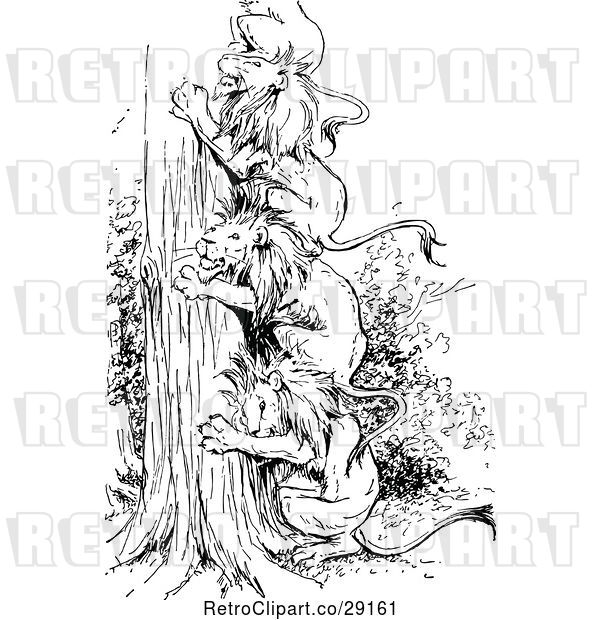 Vector Clip Art of Retro Lions Making a Ladder up a Tree