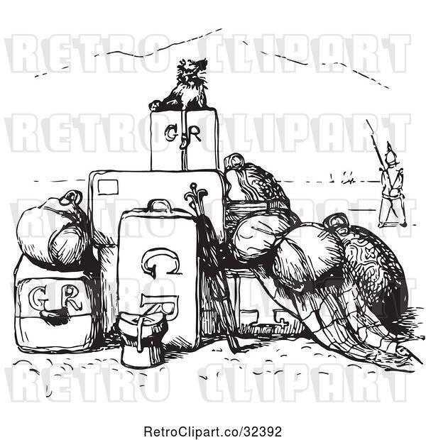 Vector Clip Art of Retro Little Dog with a Pile of Luggage in