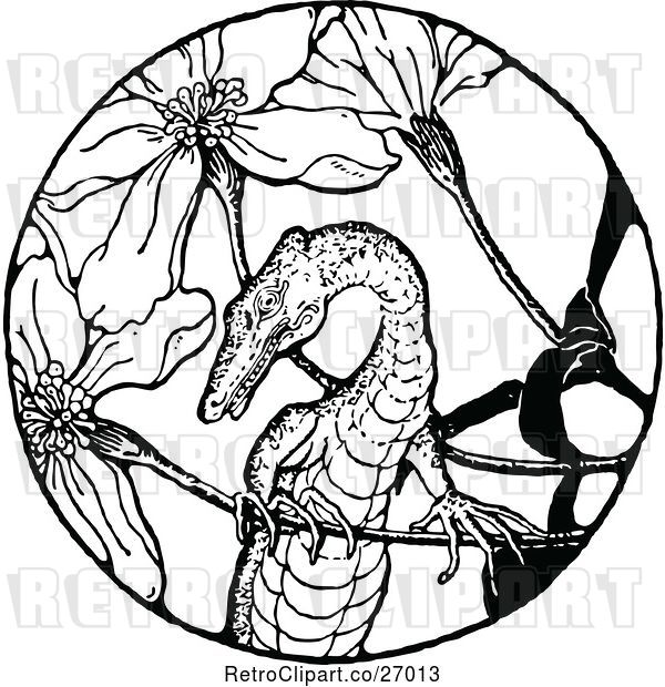 Vector Clip Art of Retro Lizard and Flowers