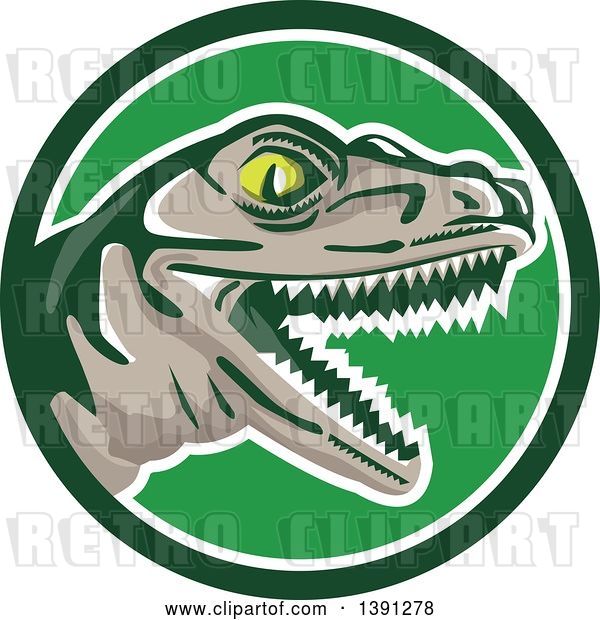 Vector Clip Art of Retro Lizard, Rator or Tyrannosaurus Rex Head in a Green and White Circle