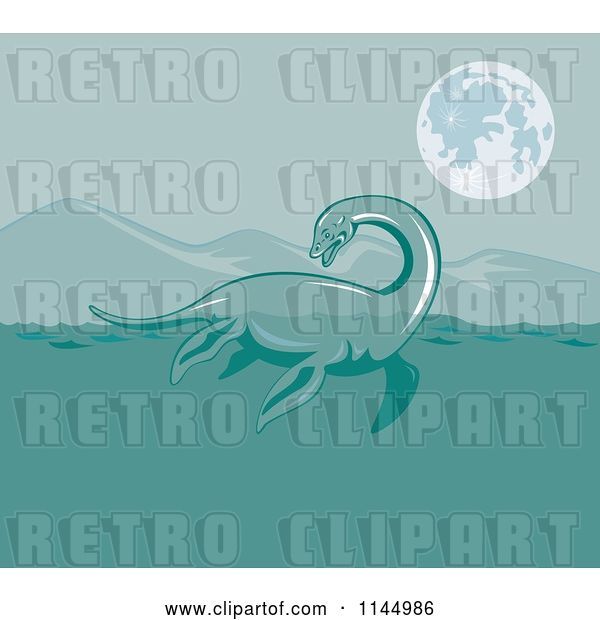 Vector Clip Art of Retro Loch Ness Monster Pliosaur Dinosaur Swimming