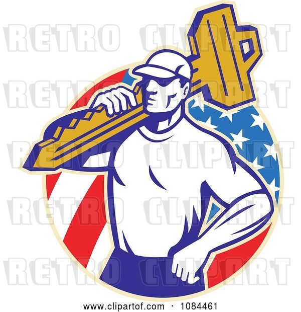Vector Clip Art of Retro Locksmith Carrying a Key over an American Circle