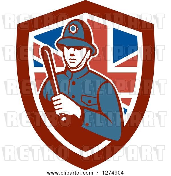 Vector Clip Art of Retro London Bobby Police Officer Holding a Baton in a British Flag Shield