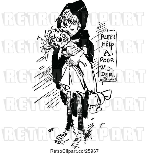 Vector Clip Art of Retro Lonely Orphan Girl Hugging a Doll