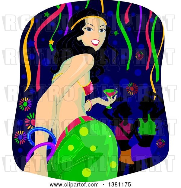 Vector Clip Art of Retro Low Angle Rear View of a Lady Holding a Cocktail and Looking Back at a Glow in the Dark Party