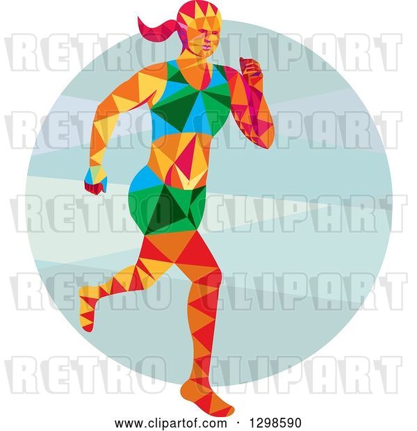 Vector Clip Art of Retro Low Poly Female Marathon Runner over a Circle