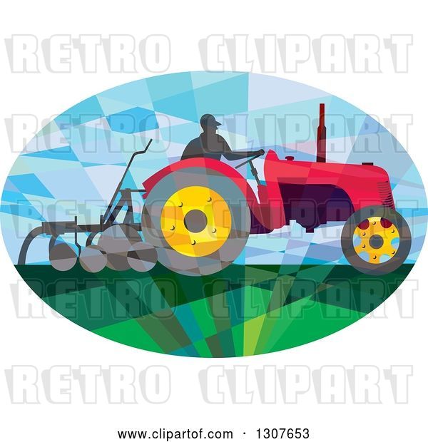 Vector Clip Art of Retro Low Poly Geometric Farmer Operating a Plow Tractor in an Oval