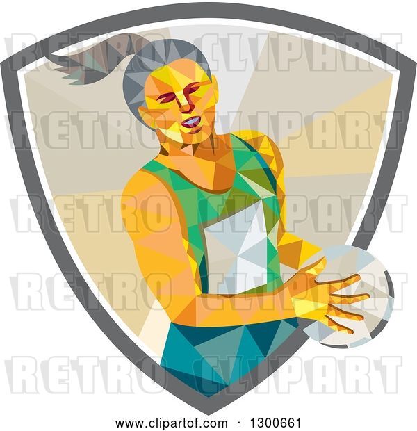 Vector Clip Art of Retro Low Poly Geometric Female Netball Player Emerging from a Shield