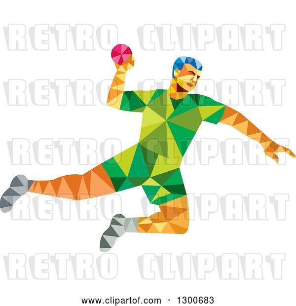 Vector Clip Art of Retro Low Poly Geometric Male Handball Player Jumping