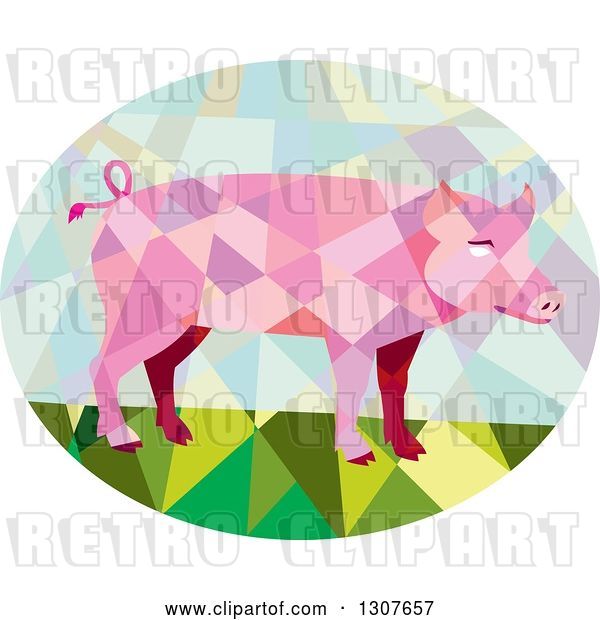 Vector Clip Art of Retro Low Poly Geometric Pink Pig in an Oval