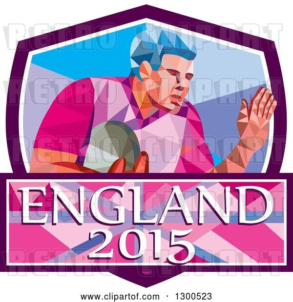 Vector Clip Art of Retro Low Poly Geometric Rugby Player in a Purple White and Blue Shield with England 2015 Text