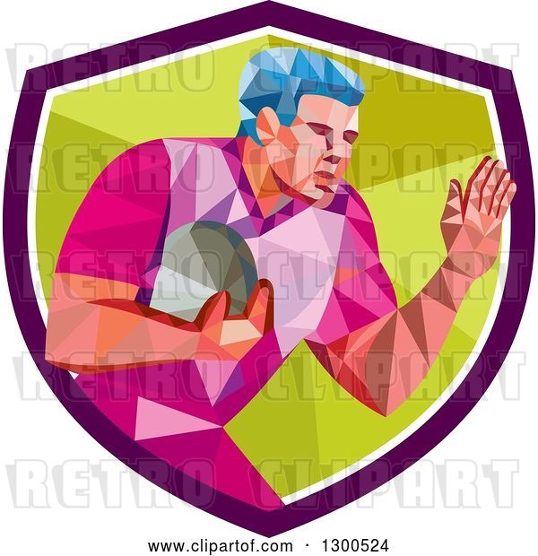 Vector Clip Art of Retro Low Poly Geometric Rugby Player in a Purple White and Green Shield