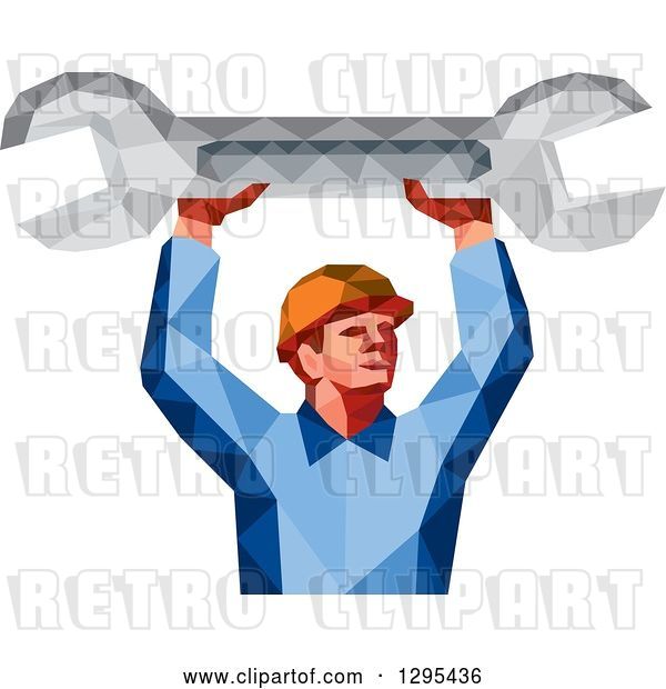 Vector Clip Art of Retro Low Poly Male Mechanic Holding up a Spanner Wrench
