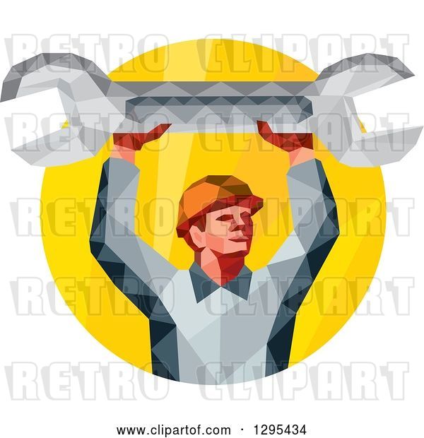 Vector Clip Art of Retro Low Poly Male Mechanic Holding up a Spanner Wrench in a Yellow Circle