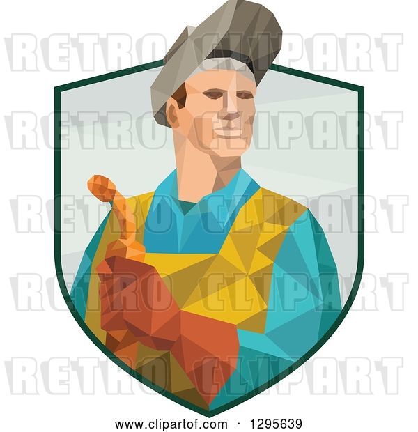 Vector Clip Art of Retro Low Poly Welder Holding a Torch and Emerging from a Shield