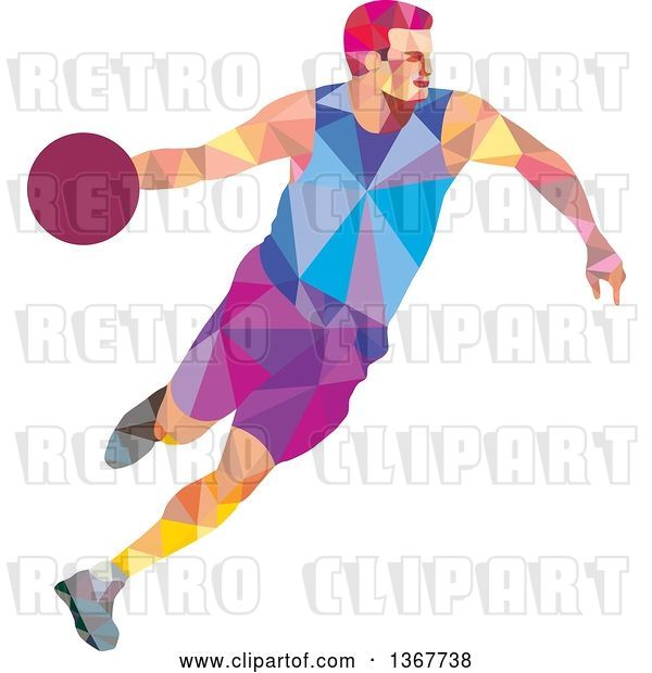 Vector Clip Art of Retro Low Poly White Male Basketball Player Dribbling