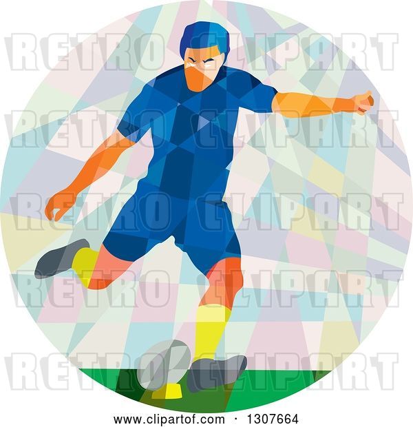 Vector Clip Art of Retro Low Poly White Male Rugby Player Kicking in a Circle