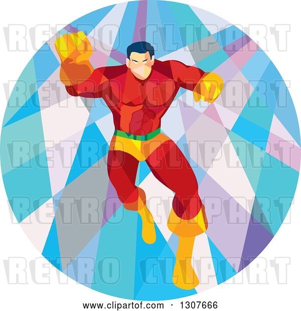 Vector Clip Art of Retro Low Poly White Male Super Hero Running Forward and Punching in a Circle