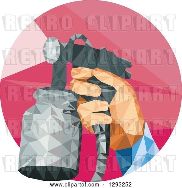 Vector Clip Art of Retro Low Polygon Geometric Hand Holding a Spray Paint Gun in a Red Circle