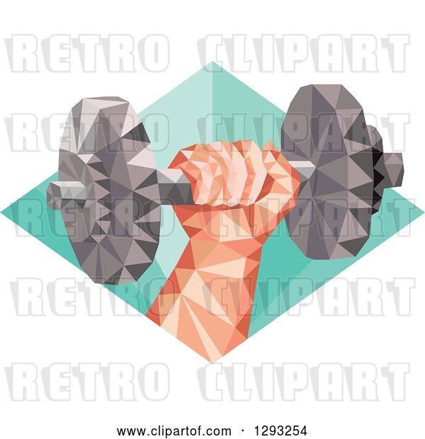 Vector Clip Art of Retro Low Polygon Geometric Hand Holding up a Dumbbell in a Diamond