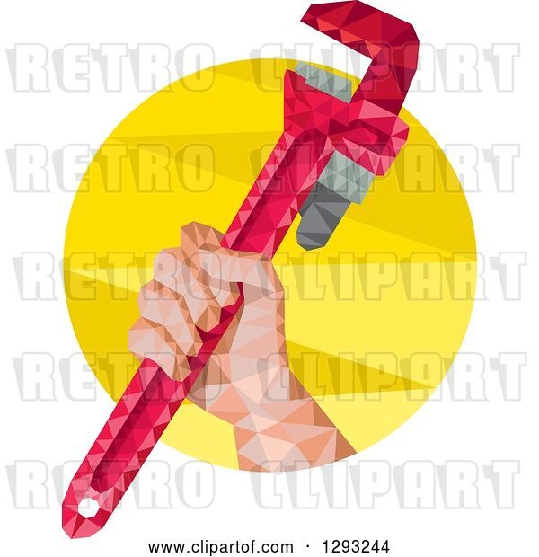 Vector Clip Art of Retro Low Polygon Geometric Plumbers Hand Holding a Monkey Wrench in a Yellow Circle