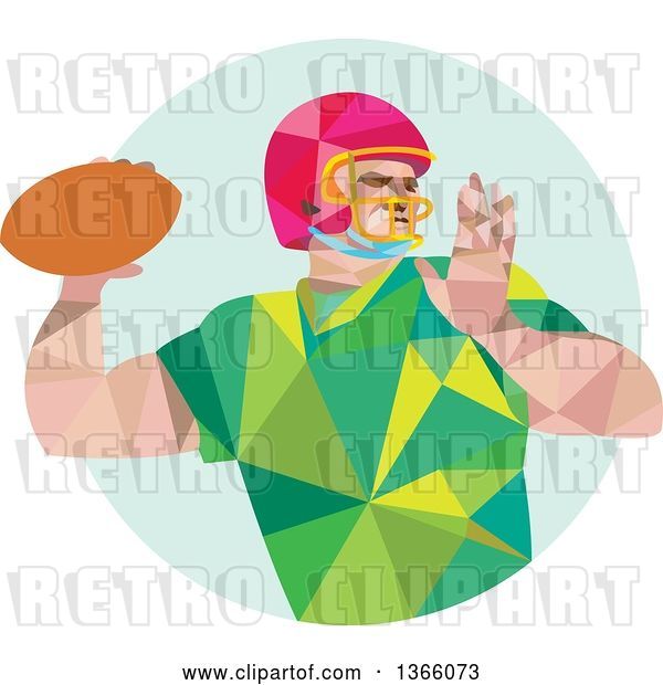 Vector Clip Art of Retro Low Polygon Style American Football Player Throwing over a Pastel Green Circle