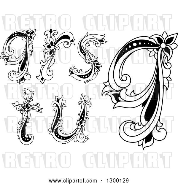 Vector Clip Art of Retro Lowercase Floral Letters Q, R, S, T and U