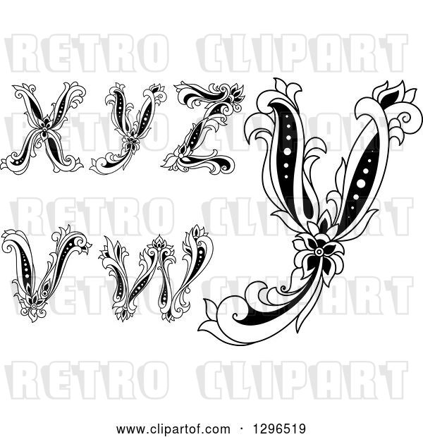 Vector Clip Art of Retro Lowercase Floral Letters V, W, X, Y and Z