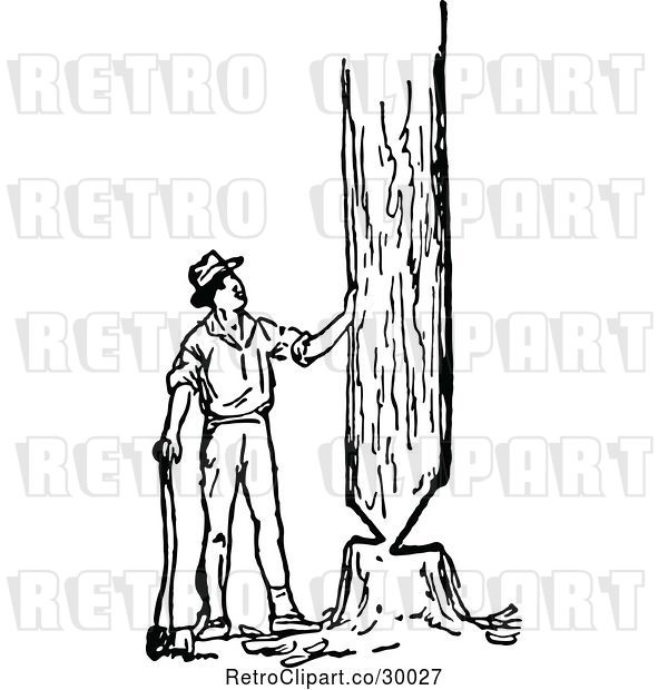 Vector Clip Art of Retro Lumberjack Guy Cutting down a Tree