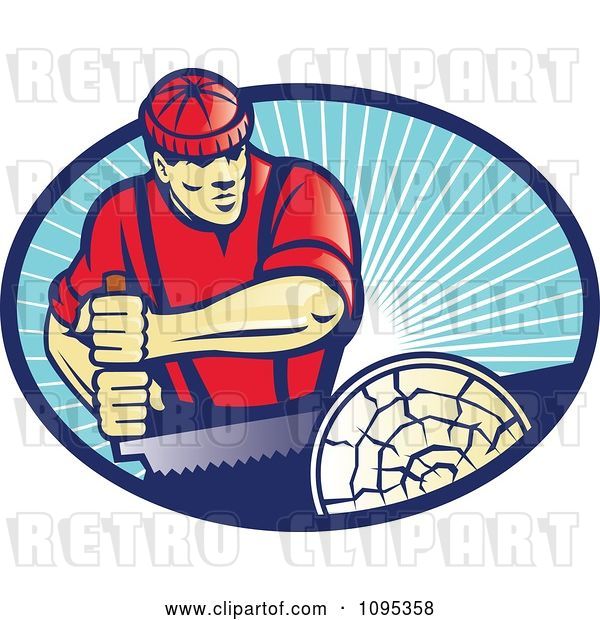 Vector Clip Art of Retro Lumberjack Guy Sawing a Log over Blue Rays