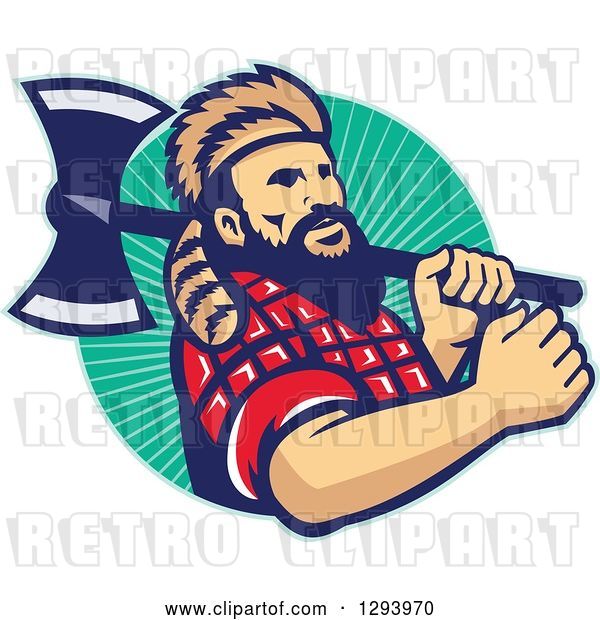Vector Clip Art of Retro Lumberjack in Plaid and a Raccoon Hat, Holding an Axe over His Shoulder in a Circle of Rays