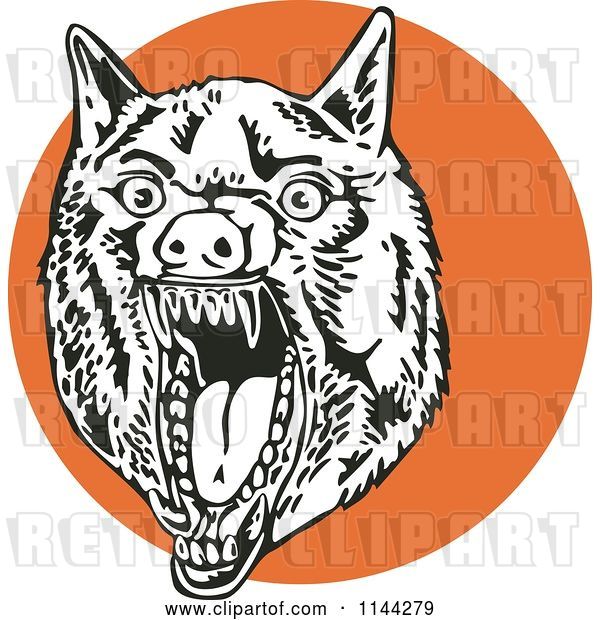 Vector Clip Art of Retro Mad Wolf on an Orange Circle