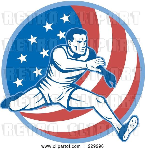 Vector Clip Art of Retro Male American Athlete Running over a Flag Circle
