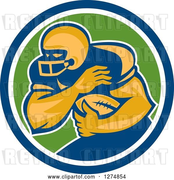 Vector Clip Art of Retro Male American Football Player Fending in a Blue White and Green Circle